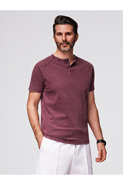 OMBRE Herren T-Shirt mit Wascheffekt und Knöpfen am Ausschnitt - burgunderrot...