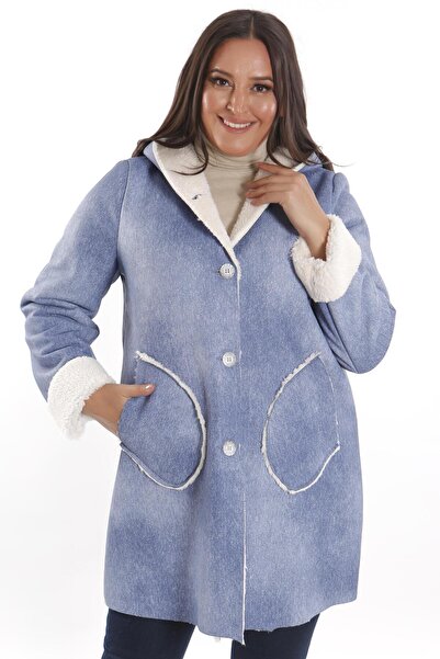 Metpoint Trend42Plus Plus Size Denim Look Hooded Detailed Blue Coat with Fur Inside
