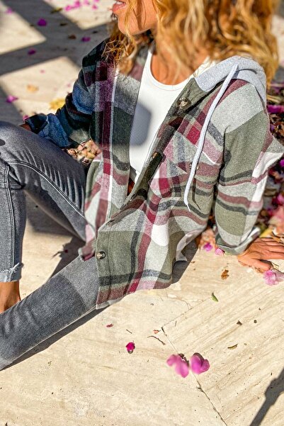 loia Kadın Haki Kapüşonlu Oduncu Gömlek Ekose Desenli Uzun Kollu Rahat Kalıp ...