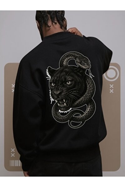 Wish BF Unisex Erkek/Kadın KAPLAN YILAN Sırt Renkli Özel Baskılı Pamuklu Oversize Kapüşonlu Sweatshirt