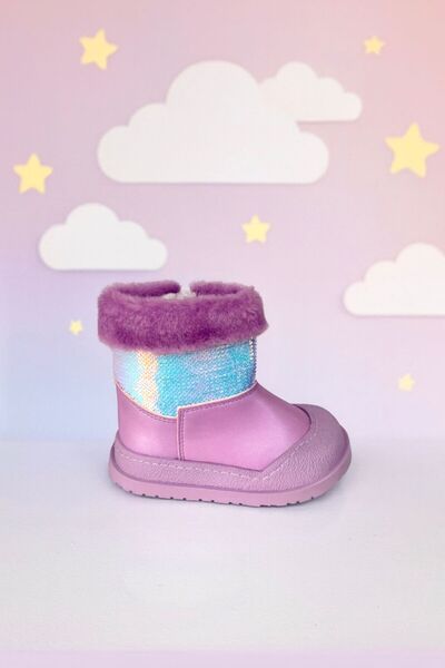 AYS SHOES Kız Çocuk Ortopedik Taban Pullu İçi Kürklü Kaymaz Taban Su Geçirmez Bot