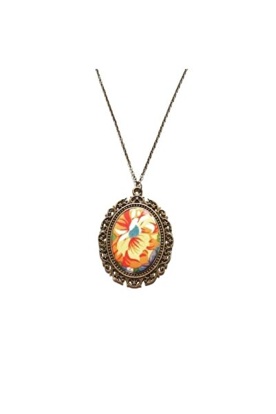 Eurozone Colier cu pandantiv oval și motiv floral, lanț de 72 cm