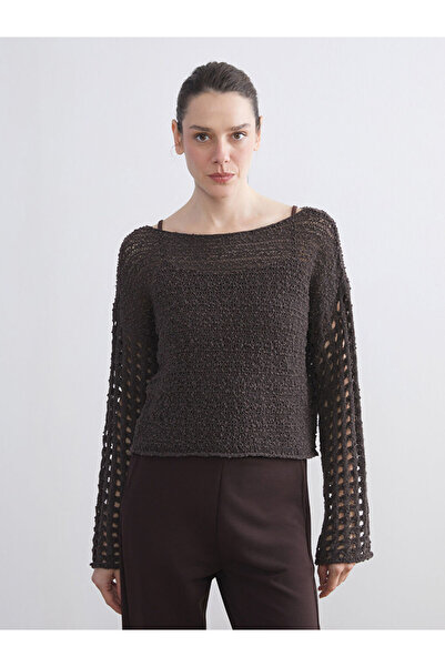 LC Waikiki Brown Boat Neck Openwork Women's Knitwear Sweater