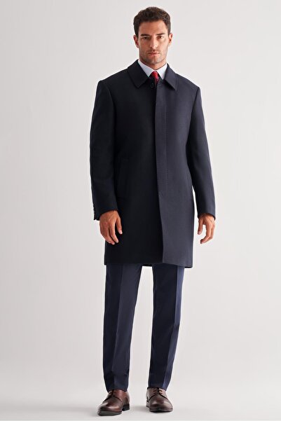 İmza Dark Navy Berber Collar Fully Lined Classic Comfort Fit Stretchable Cashmere Overcoat 1005255152