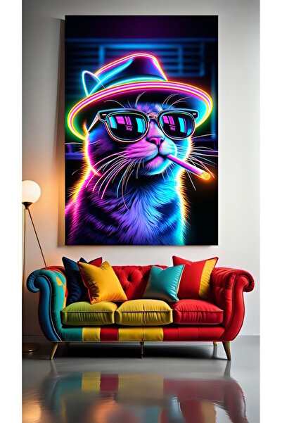 özkacar NEON SİGARALI KEDİ V1 Ev Duvar Salon Güzellik Salonu Ofis Dükkan Dekarasyon Kanvas Tablo