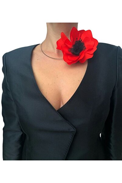 OEM Colier Cu Floare De Mac Rosu Si Miez Negru, 13 cm