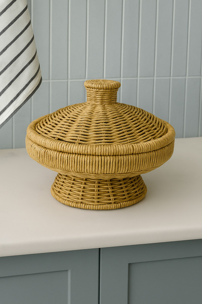 Kitchen Life Rattan Kapaklı Yuvarlak Hasır Sunumluk Meyve Sepeti