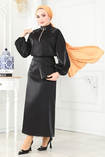 ModaMerve Broşlu Işıltlı Saten Abiye Takım 223OFR845-MS Siyah
