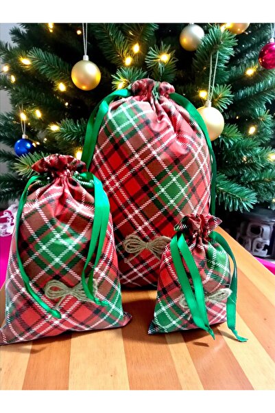 Armada Τσάντα δώρου από καρό ύφασμα με θέμα την Πρωτοχρονιά 3 τεμαχίων – Κόκκ...