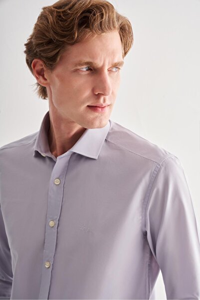 İmza Gray Half Italian Collar Long Sleeve Slim Fit Cotton Shirt 1004255180