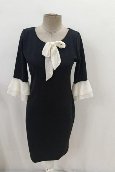 Mossta Fiyonk Yaka Volan Kol Midi İthal Krep Elbise - Siyah