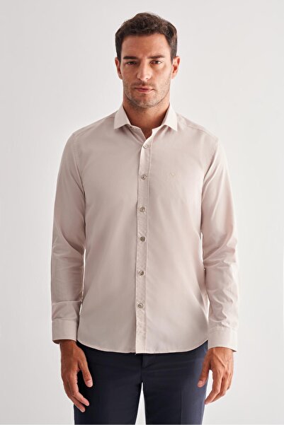 İmza Cămașă din bumbac slim fit cu mânecă lungă, cu guler semi-italian, bej închis 1004255180