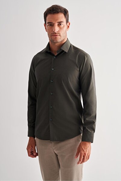 İmza Βαμβακερό πουκάμισο με μακρύ μανίκι εφαρμοστό με σκληρό γιακά χακί 1004255181