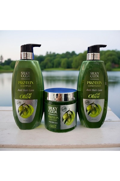 Silky Cool مجموعة بروتين لمنع تساقط الشعر بزيت الزيتون، شامبو، بلسم، قناع للش...