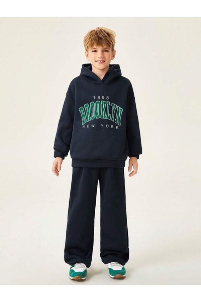 MORNİNG KİDS Boy's Brooklyn Printed Navy Blue Hooded Sweatshirt-Loose Fit Navy Blue Tracksuit Set