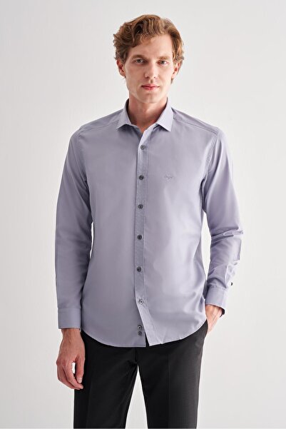 İmza قميص قطني بقصة ضيقة وأكمام طويلة وياقة نصف إيطالية باللون الرمادي الداكن...