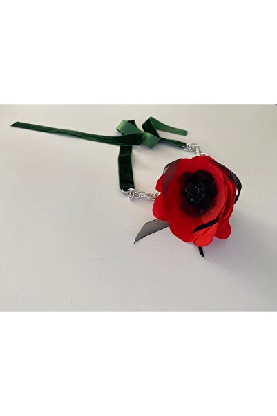 OEM Colier Cu O Floare Rosie, Lant si Snur de Catifea Verde