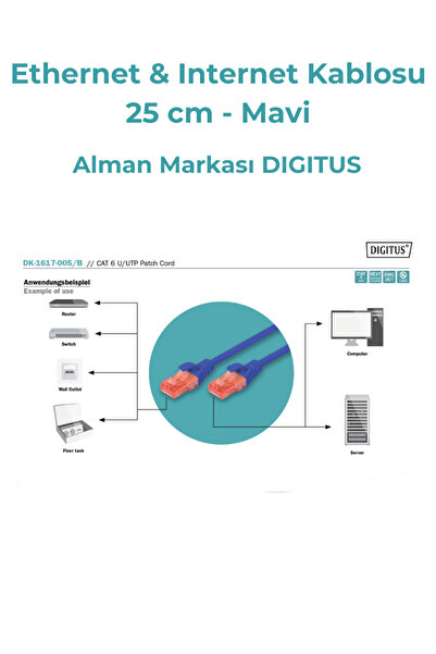 Digitus Ethernet & Internet Kablosu - Cat6 Mavi (25 cm - 0,25 metre)