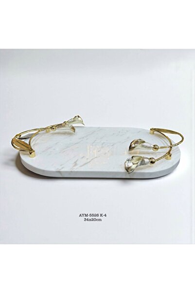 Lunara Gala Model Gold Detailed Marble Tray with Handles 34X20Cm