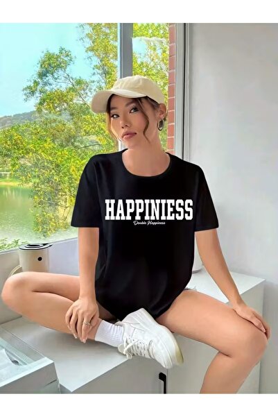 WOODROFFE Γυναικείο μπλουζάκι με στάμπα «HAPPINESS» σε μαύρο και άσπρο χρώμα
