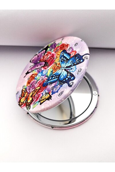 Siya Silver Taşlı Çift Taraflı Kapaklı Kelebek Desenli Yuvarlak Cep Çanta Makyaj Aynası - Karışık Gönderim