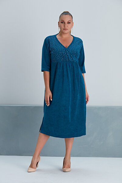 loia Women's Blue Plus Size Terry Cloth Home and Beach Dress V-Neck Dress Loi...