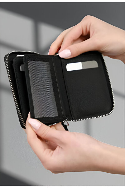 MODA محفظة جلد طبيعي سوداء للجنسين – 10 فتحات للبطاقات، 3 أقسام للنقود، جيب م...
