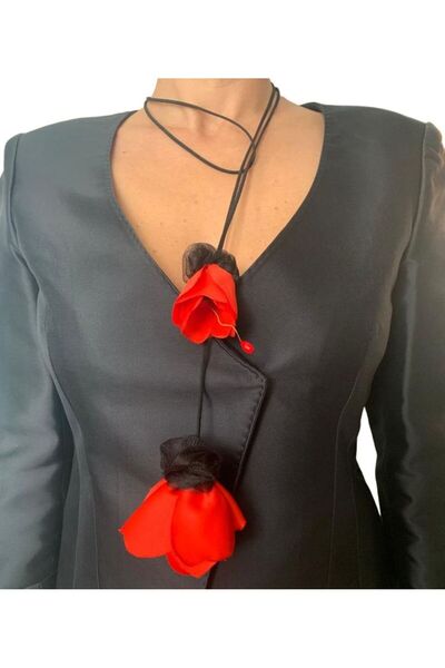 OEM Colier cu 2 flori de mac roșu, Boboci și Înflorituri, cu șnur din piele ecologică