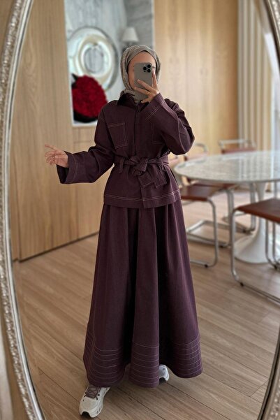 Ka Hijab Wide Sleeve Skirted Denim Suit - Burgundy