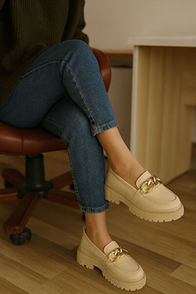 FLARF Loafer Bej Deri Günlük Ofis Kullanım Loafer Kadın Ayakkabı