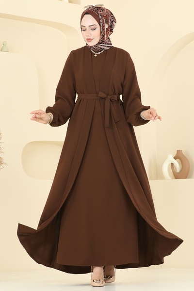 ModaMerve Beli Kuşaklı Elbise Takım 0347BG354-MS Açık Kahve