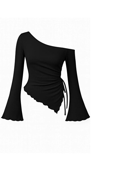 khar Long Sleeve Asymmetrical Neckline Draped Side Tie-Up Knitted Blouse