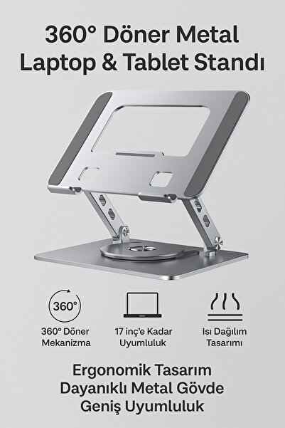 Coverzone Laptop & Tablet Standı ZR747 - 360° Döner, Yükseklik Ayarlı, Katlanabilir, 17 inç’e Kadar Uyumlu