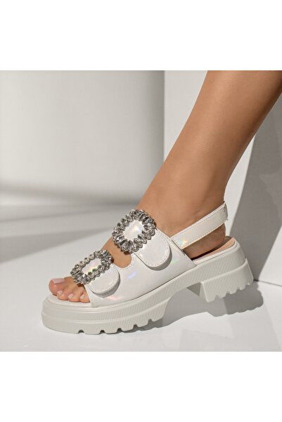 Modlet.ro Women's white thick-sole sandals with reflections and hook-and-loop...