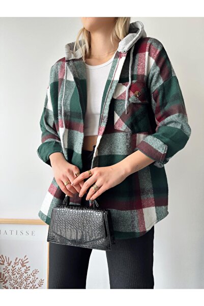 loia Kadın Koyu Yeşil Kapüşonlu Oduncu Gömlek Ceket Ekose Desenli Uzun Kollu ...