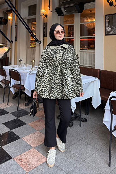 LOCCO Kadın Leopar Desenli Fermuarlı Trenç Yeşil
