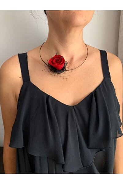 OEM Set diademă cu colier fix cu floare roșie din fetru și coroană neagră cu floare roșie din fetru