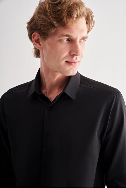 İmza Black Hard Collar Long Sleeve Slim Fit Cotton Shirt 1004255175