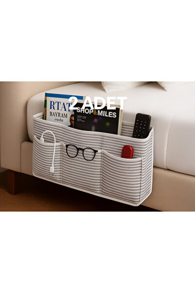 CARO HOME Premium Başucu Düzenleyici – Şık Çizgili Kumaş Organizer | Yatak Yanı Depolama Çözümü