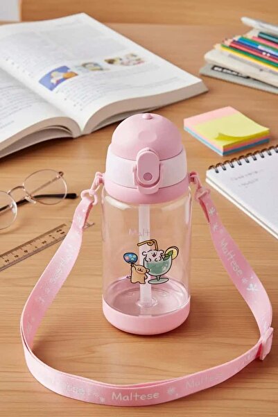 Miniso Maltese Lisanslı Omuz Askılı Plastik Şişe (520ml) - Pembe