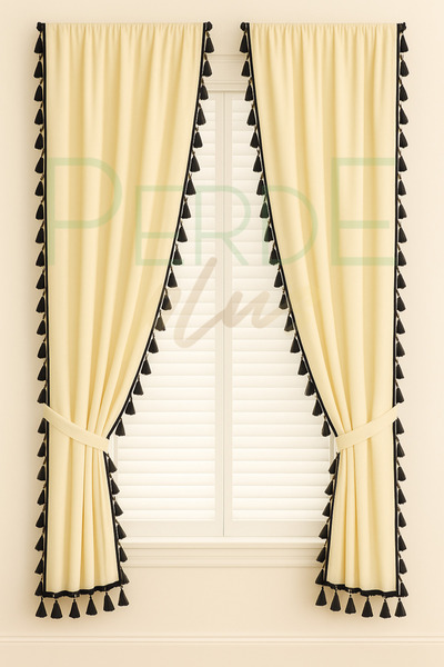 Perdeplus Tassel Detailed Honeycomb Top Bohemian Background Curtain, Single Panel, Cornice and Rustic Compatible