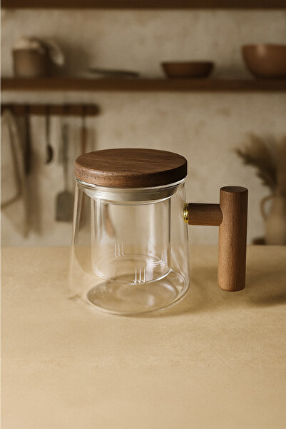 Kitchen Life Acacia Lid Borosilicate Glass Strainer Mug Cup Herbal Tea Cup 450 ml