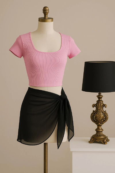 Beruflic Women's Pink Half Sleeve Crop and Black Pareo Set of 2