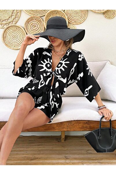 loia Γυναικείο σετ κιμονό με μαύρο σχέδιο και λεπτομέρεια δεσίματος, μπλούζα ...