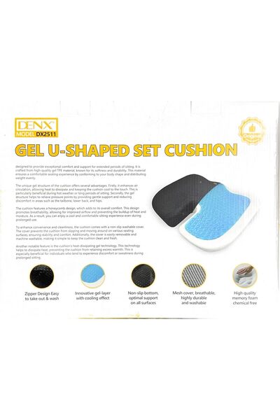 Denx U-shaped Gel Seat Cushion by Dinex, Memory Foam with Cooling Effect, Mesh Cover, Black/Blue/Gray, DX