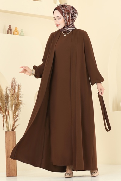 ModaMerve Beli Kuşaklı Elbise Takım 0347BG354-MS Açık Kahve