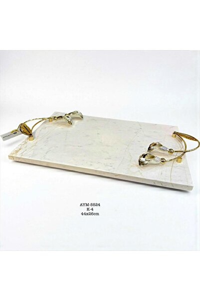 Lunara Gala Model Gold Detail Rectangular Marble Tray with Handles 44X26Cm