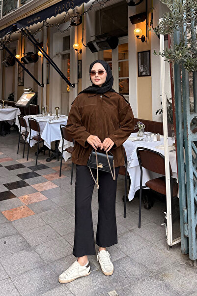 LOCCO Γυναικείο βελούδινο μπουφάν με κρυφά κουμπιά καφέ