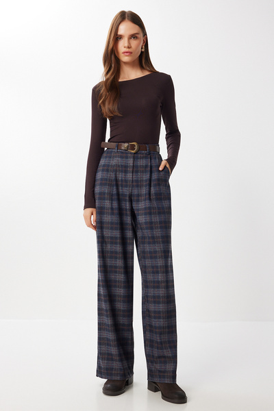 Lovelyİstanbul Kemerli Kareli Poliviskon Pantolon LRG0049 LACİVERT