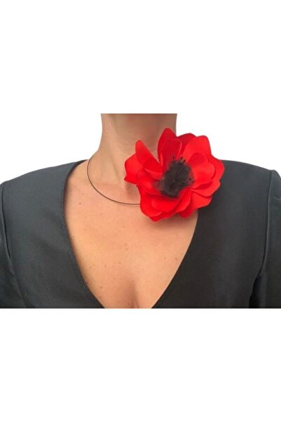 OEM Colier Cu Floare De Mac Rosu Si Miez Negru, 13 cm